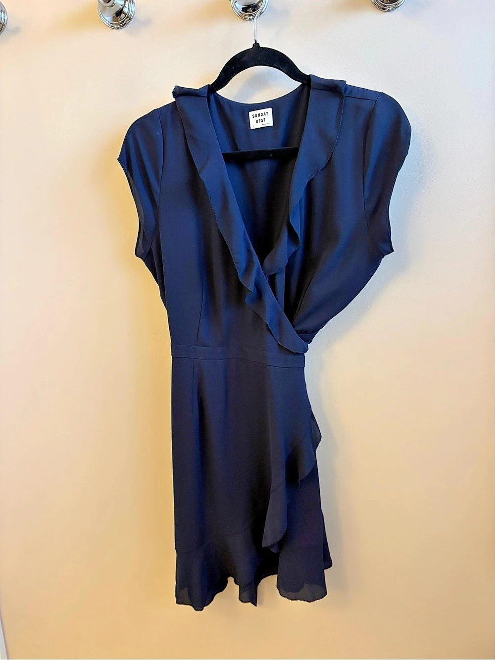 Sunday Best Ruffle Wrap Dress dark navy Blue. Size 6